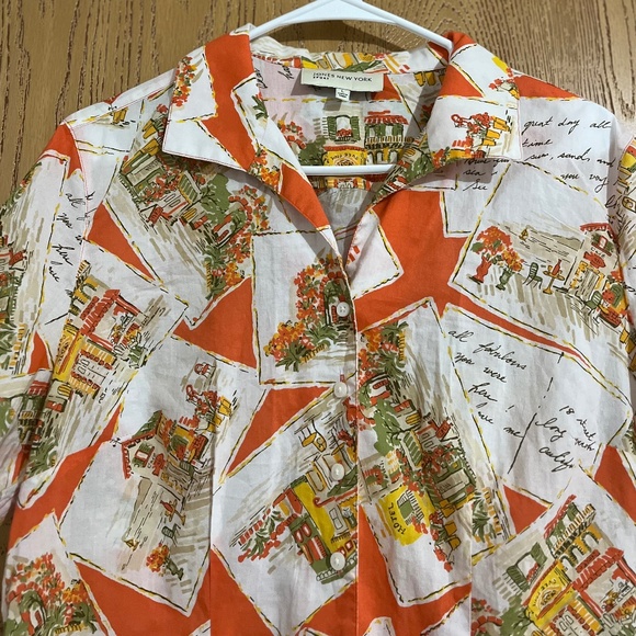 Jones NY Women’s Vibrant Orange Multi 100% Cotton Text Graphic Print Shirt Sz-L - Picture 2 of 7